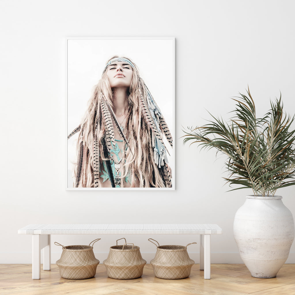Bohemian Girl Canvas Wall Art in White Frame - 40cm x 60cm
