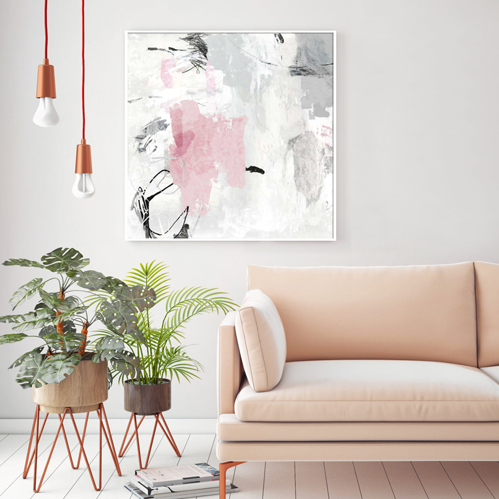 Abstract Pink and Grey Canvas Wall Art Set - 100cm x 100cm with White Floating Frame