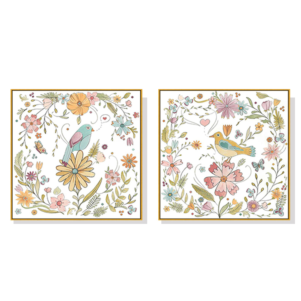 Floral Birds Canvas Wall Art Set with Gold Frame - 40cm x 40cm