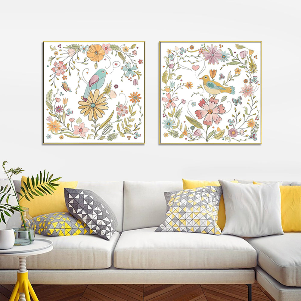 Floral Birds Canvas Wall Art Set with Gold Frame - 40cm x 40cm