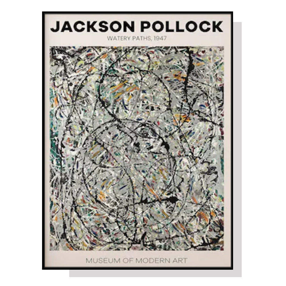 Jackson Pollock Inspired Canvas Wall Art - 100cm x 150cm with Black Floating Frame