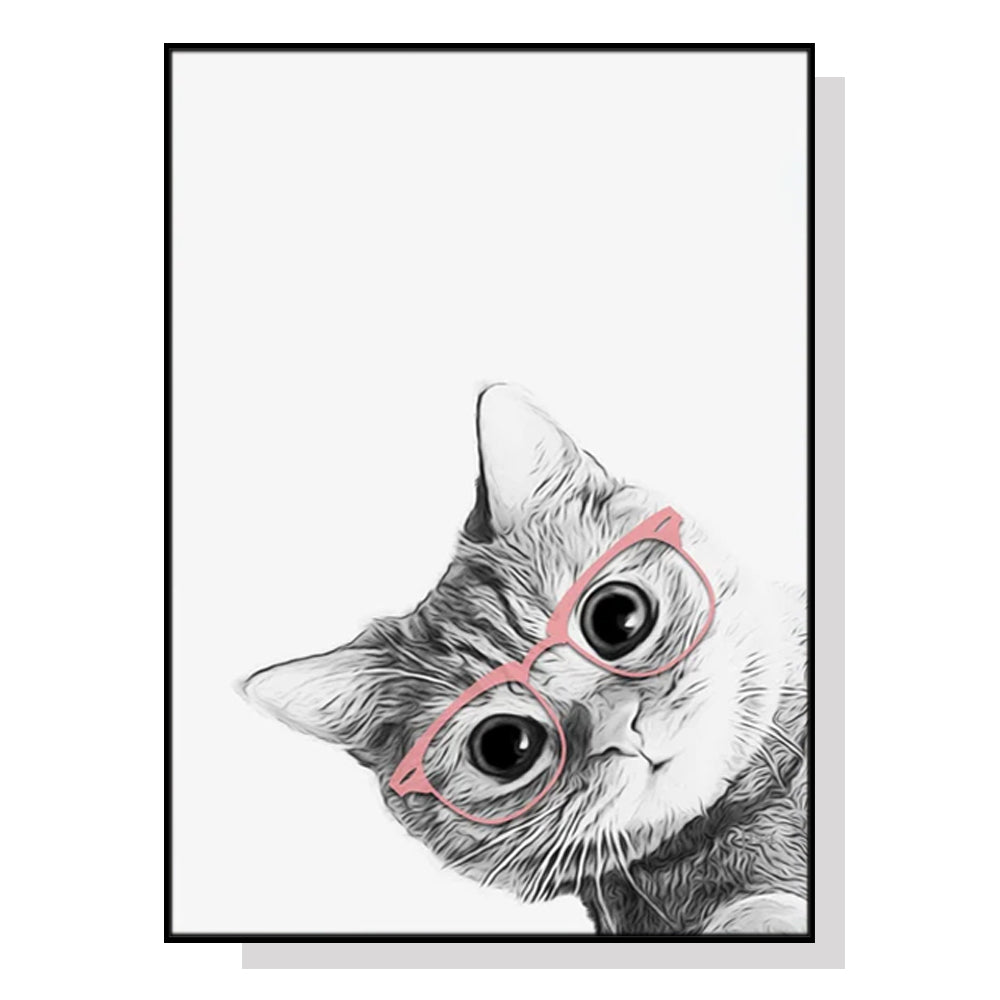 Framed Canvas Artwork: 40cm x 60cm Cat with Glasses in Sleek Black Frame