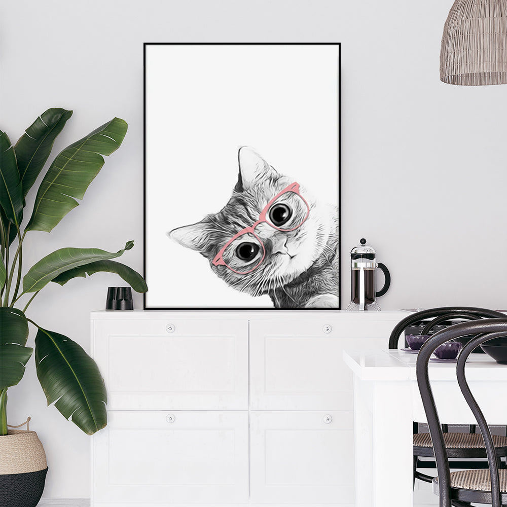 Framed Canvas Artwork: 40cm x 60cm Cat with Glasses in Sleek Black Frame