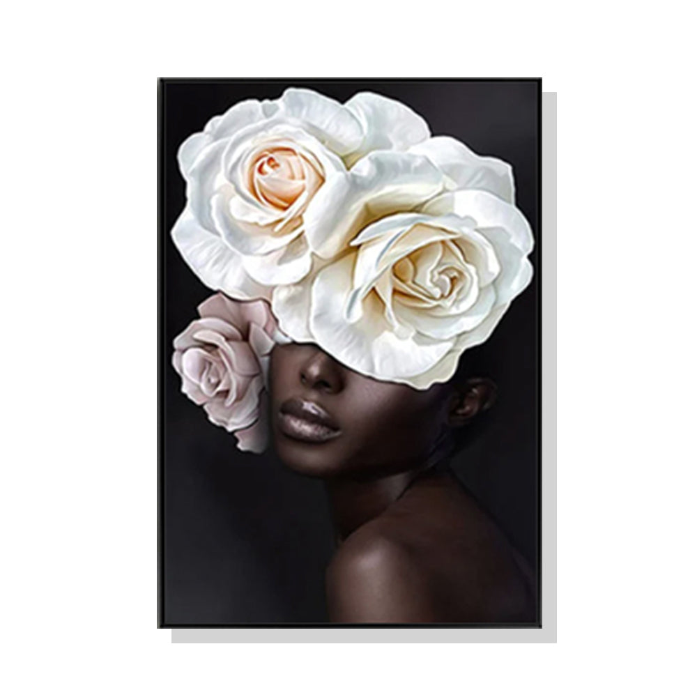 Framed Canvas Art: 40x60cm African Woman Floral Design in Black Frame