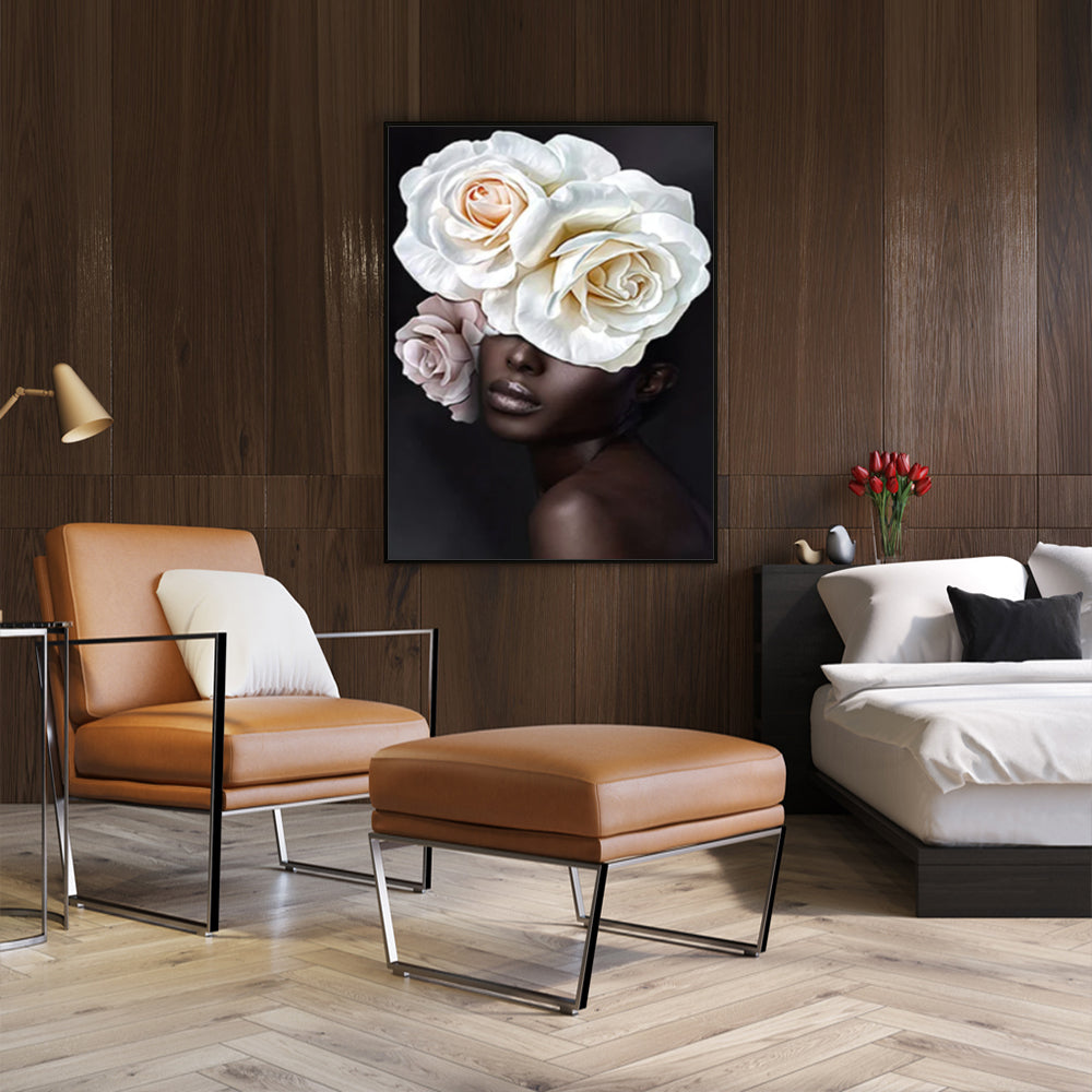 Framed Canvas Art: 40x60cm African Woman Floral Design in Black Frame