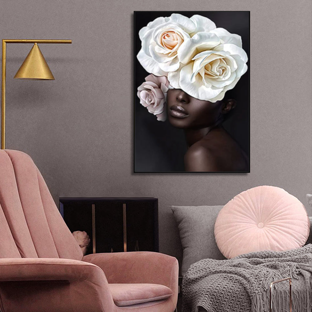 Framed Canvas Art: 40x60cm African Woman Floral Design in Black Frame