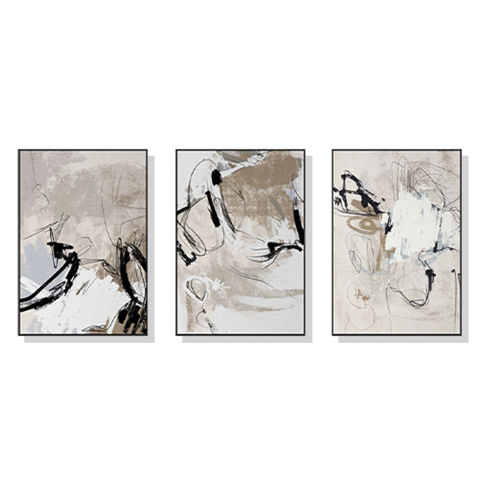 Modern Abstract Beige Canvas Wall Art Set - 70cm x 100cm with Black Frames (3 Pieces)