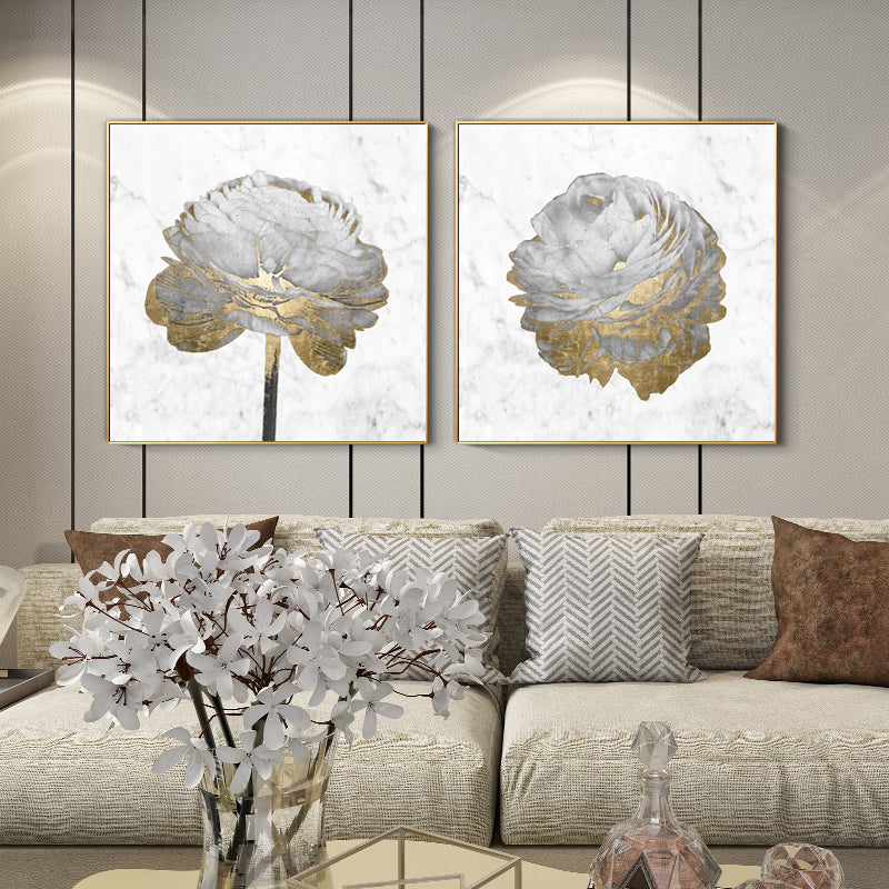 Elegant Gold and White Blossom Canvas Art Set - 40cm x 40cm with Floating Frame
