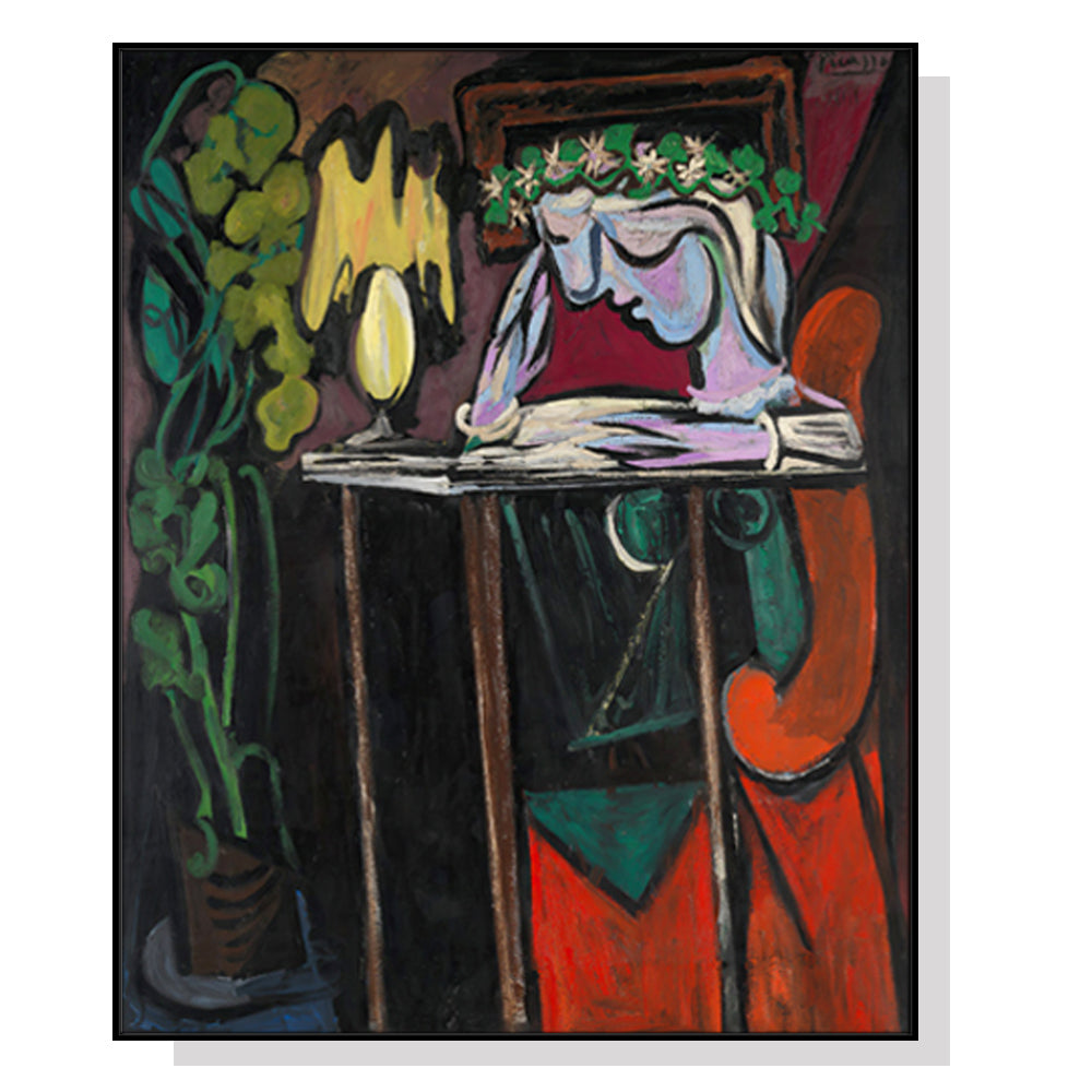 Framed Canvas Art: 90cm x 135cm Picasso's Reading Girl - Black Frame