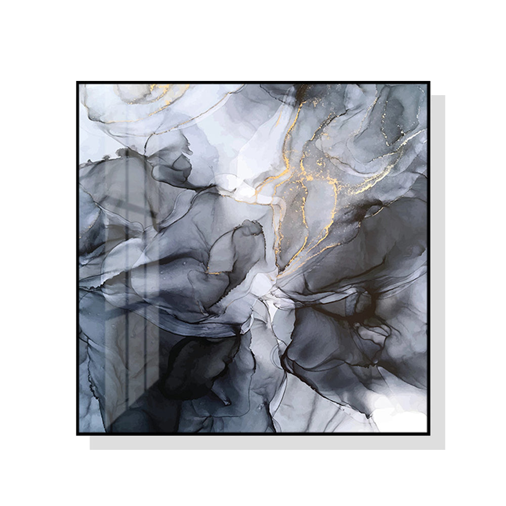 Abstract Marbled Canvas Art - 40cm x 40cm Black and Grey Framed Print