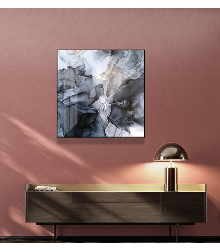 Abstract Marbled Canvas Art - 40cm x 40cm Black and Grey Framed Print