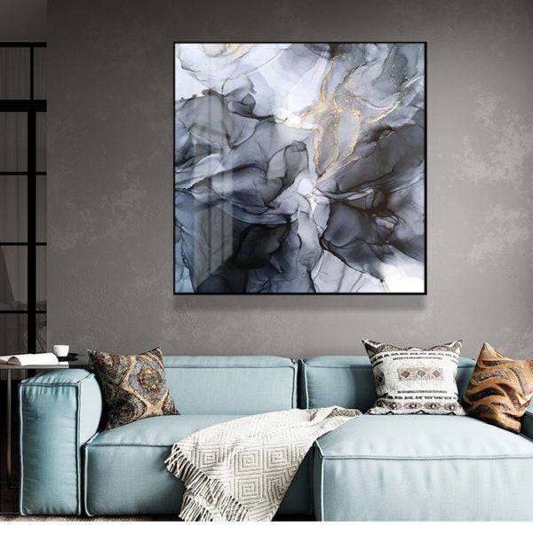 Abstract Marbled Canvas Art - 40cm x 40cm Black and Grey Framed Print