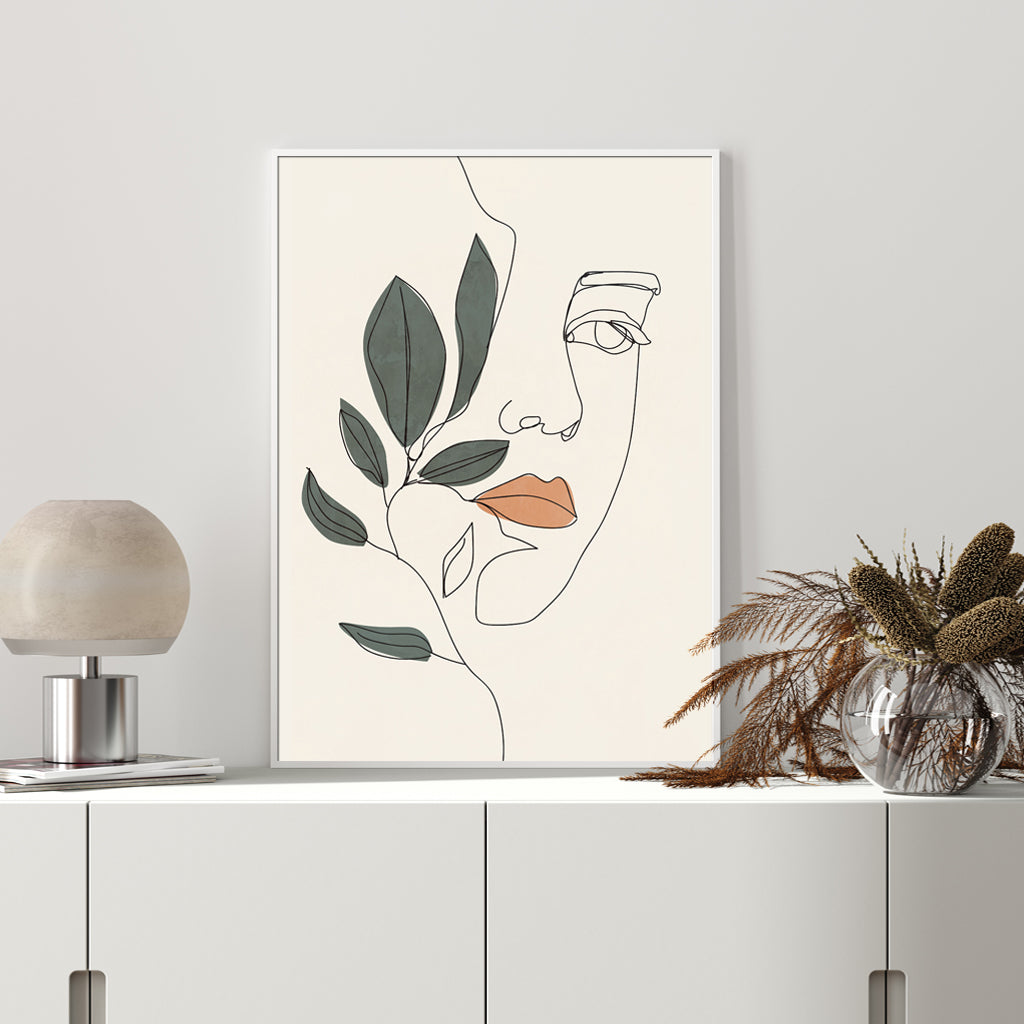Framed Canvas Art: 40x60cm Line Art Girl Face in White Frame