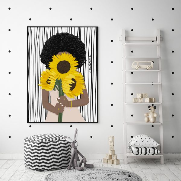 African Woman with Sunflower Canvas Art - 40x60cm Framed Print