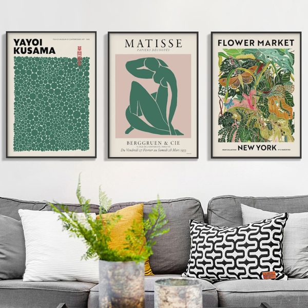 Elegant Flower Market Canvas Art Set - Matisse & Yayoi Kusama, Framed 90cmx135cm