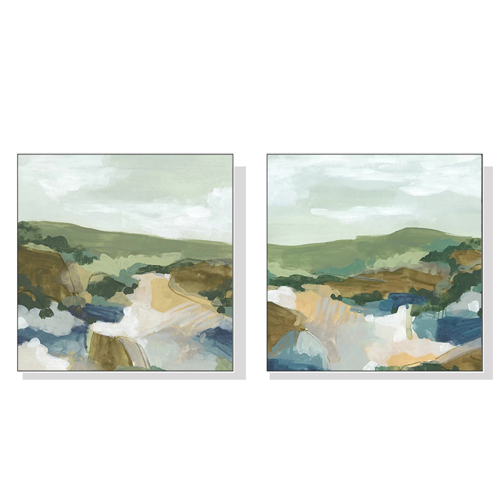 Abstract Landscape Canvas Wall Art Set - 100cm x 100cm with White Frames