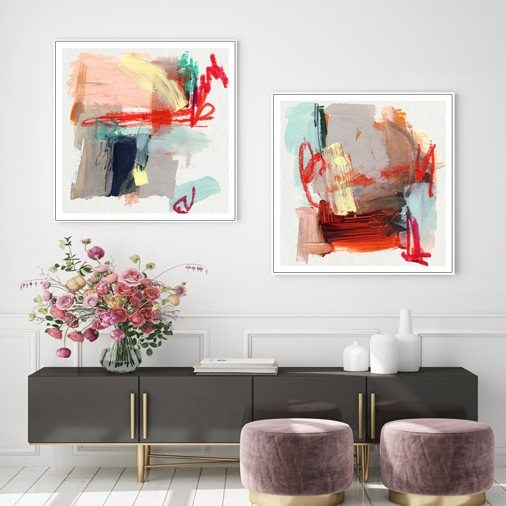Vibrant Abstract Garden Canvas Art Set - 90cm x 90cm with White Frames
