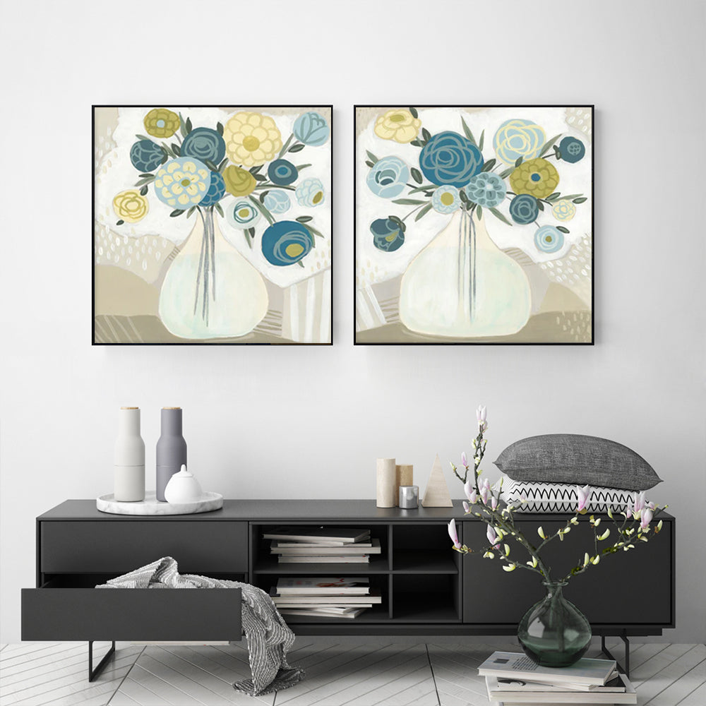 Framed Canvas Wall Art Set: 40cm x 40cm Blue Floral Prints in Black Frame
