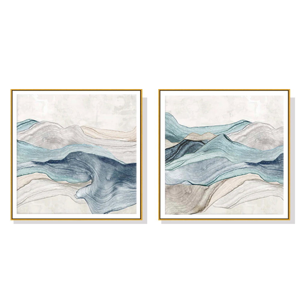 Blue Mountain Art Set - 100cmx100cm Canvas with Gold Floating Frames
