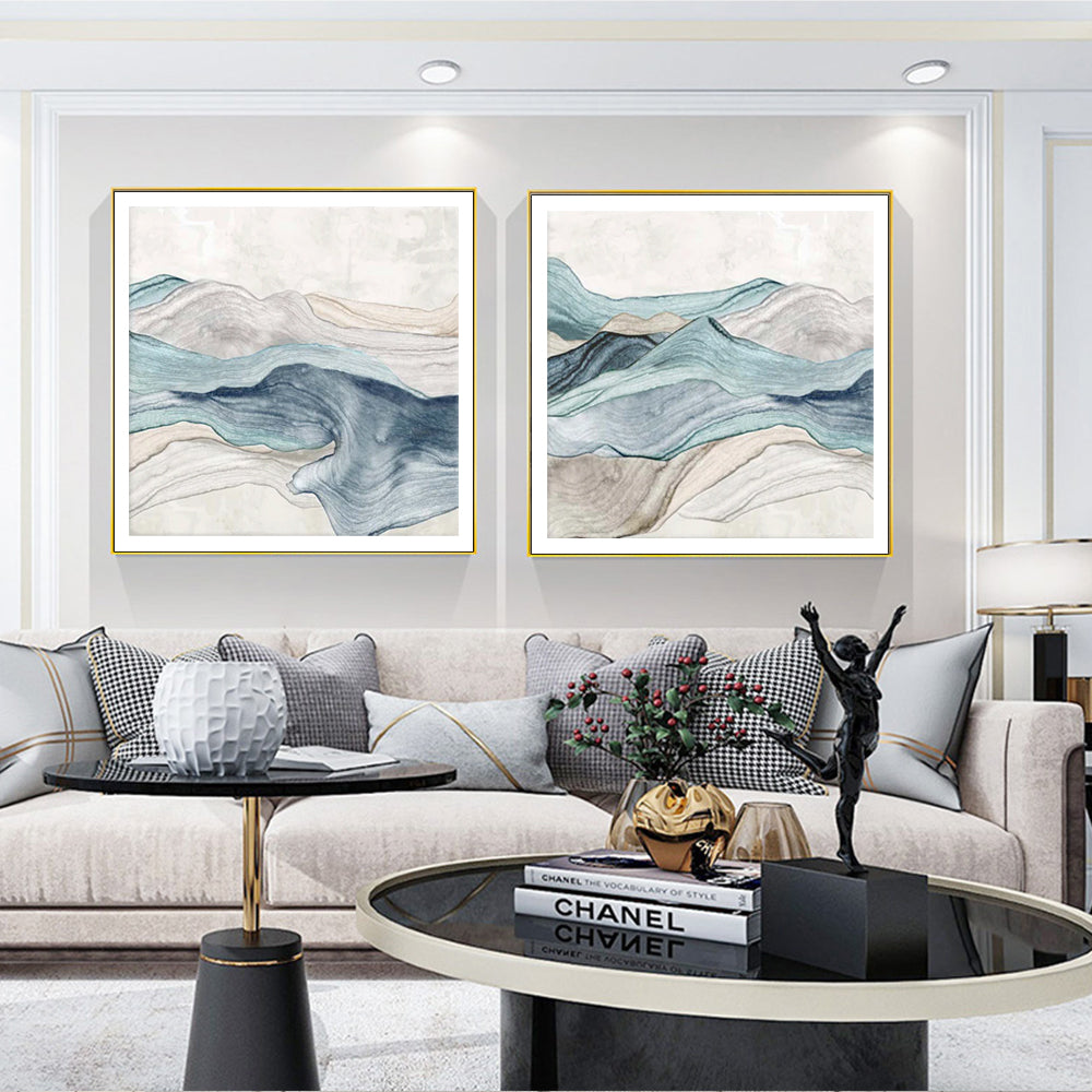 Blue Mountain Art Set - 100cmx100cm Canvas with Gold Floating Frames