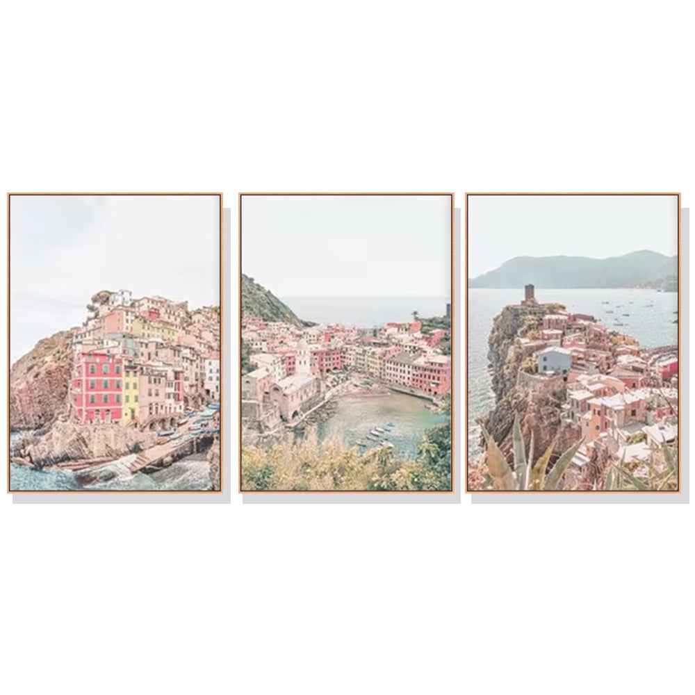 Cinque Terre Canvas Wall Art Set - 50cm x 70cm Framed Prints with Floating Effect