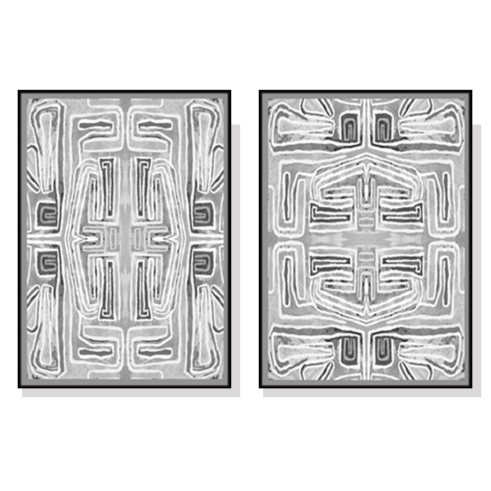 Stylish Black and White Pattern Canvas Wall Art - 80cm x 120cm with Black Frame (Set of 2)