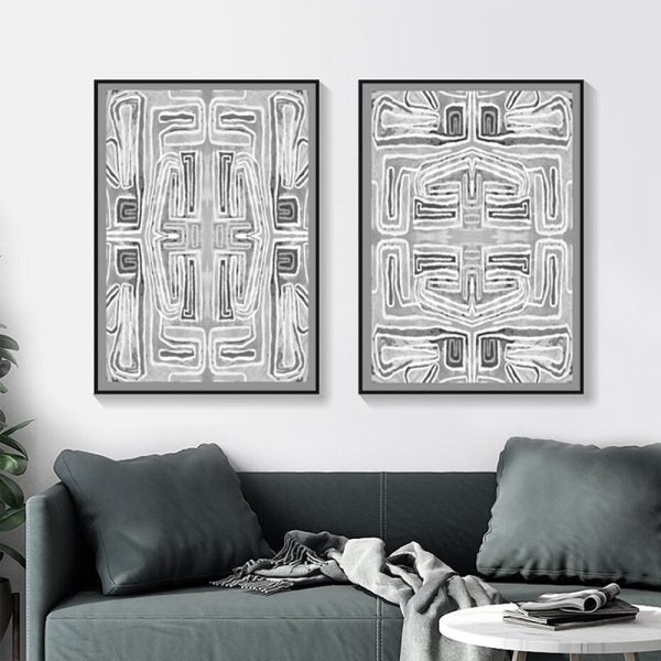 Stylish Black and White Pattern Canvas Wall Art - 80cm x 120cm with Black Frame (Set of 2)
