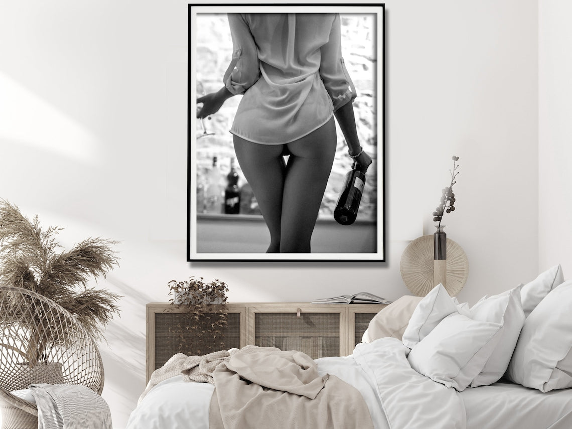 Elegant Black and White Canvas Art of Woman Enjoying Wine - 30x40cm Framed Print