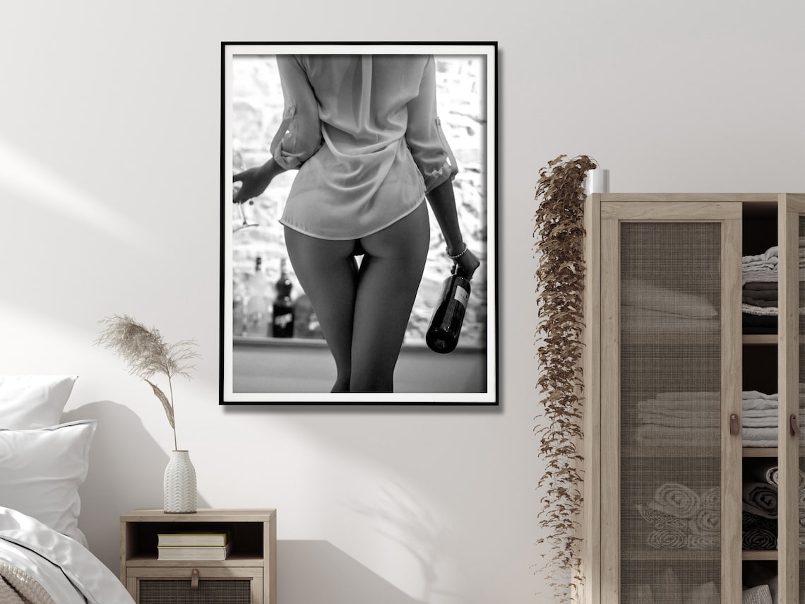 Elegant Black and White Canvas Art of Woman Enjoying Wine - 30x40cm Framed Print