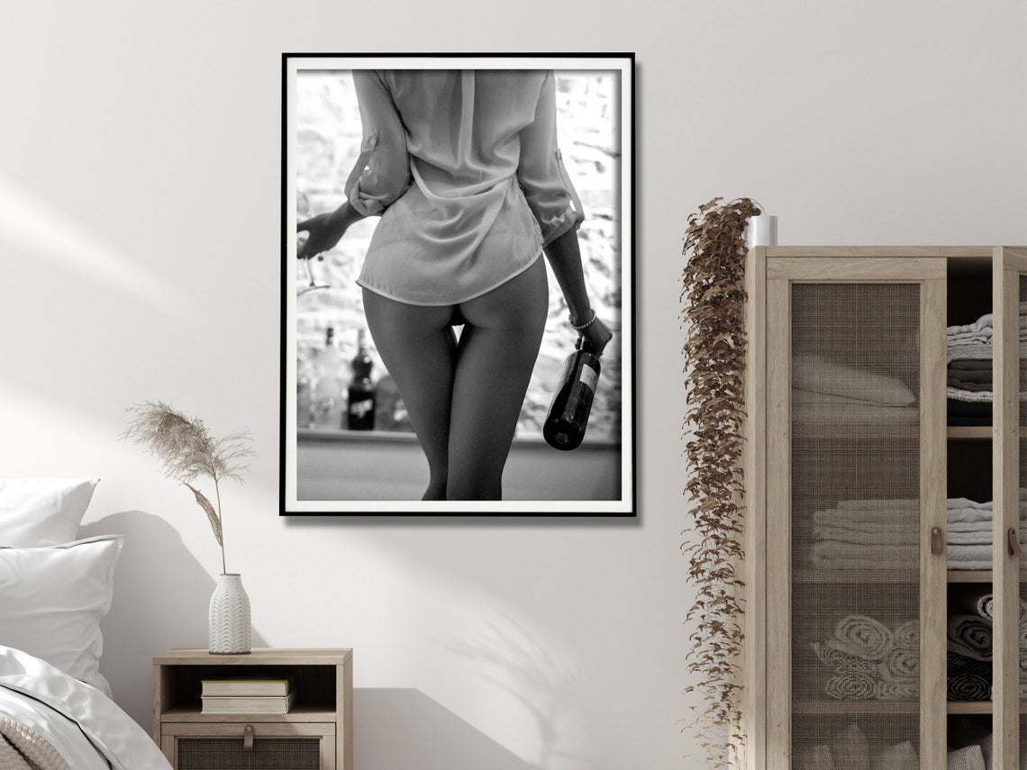 Elegant Black and White Canvas Art - 40cmx60cm Woman Enjoying Wine in Framed Design