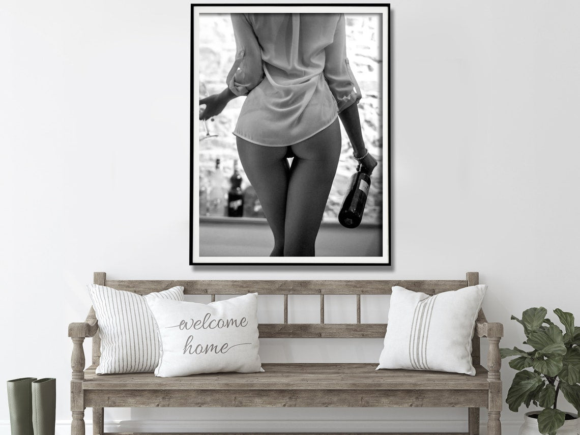 Elegant Black and White Canvas Art - 40cmx60cm Woman Enjoying Wine in Framed Design