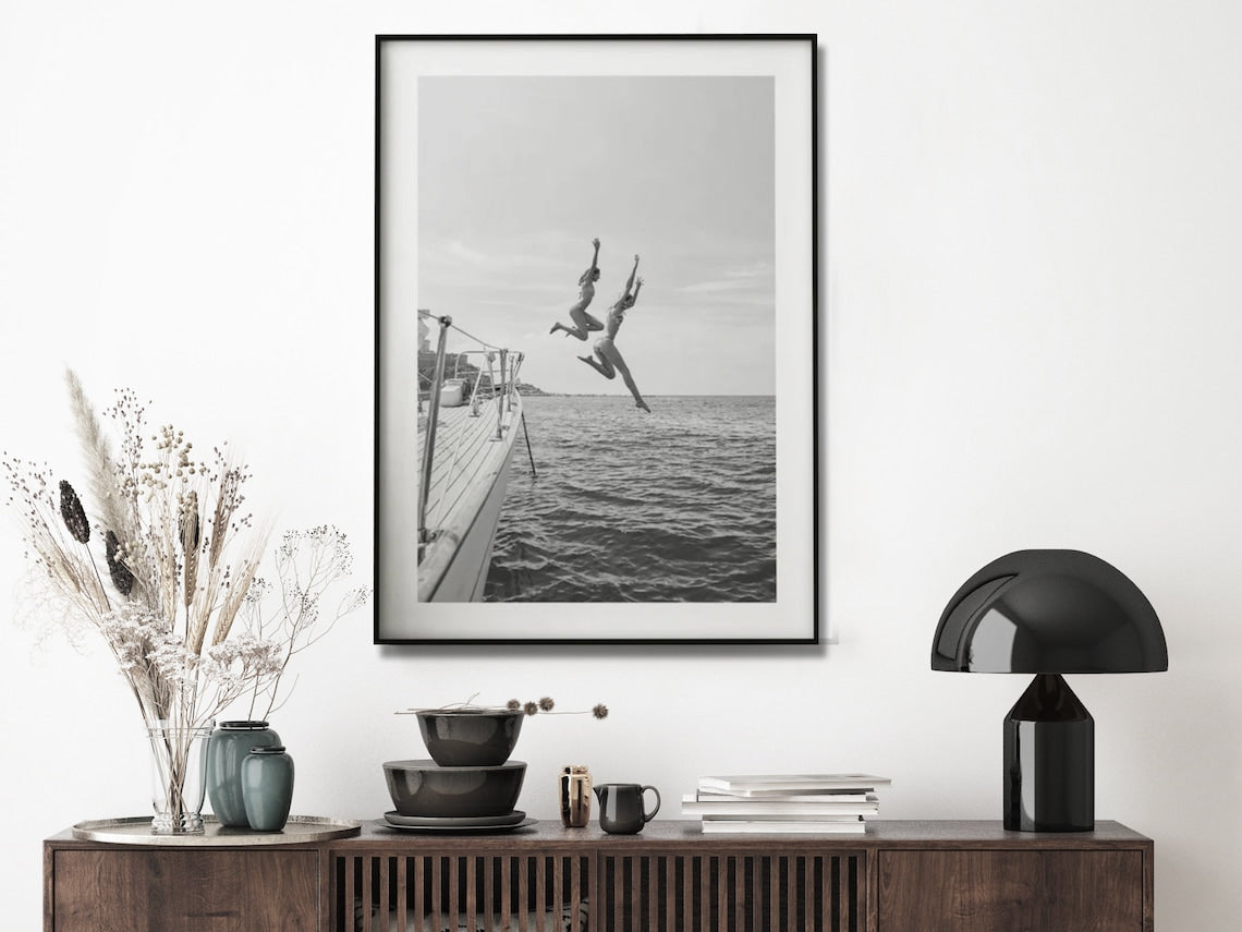 Black and White Ocean Leap Canvas Art - 60cm x 90cm with Black Floating Frame