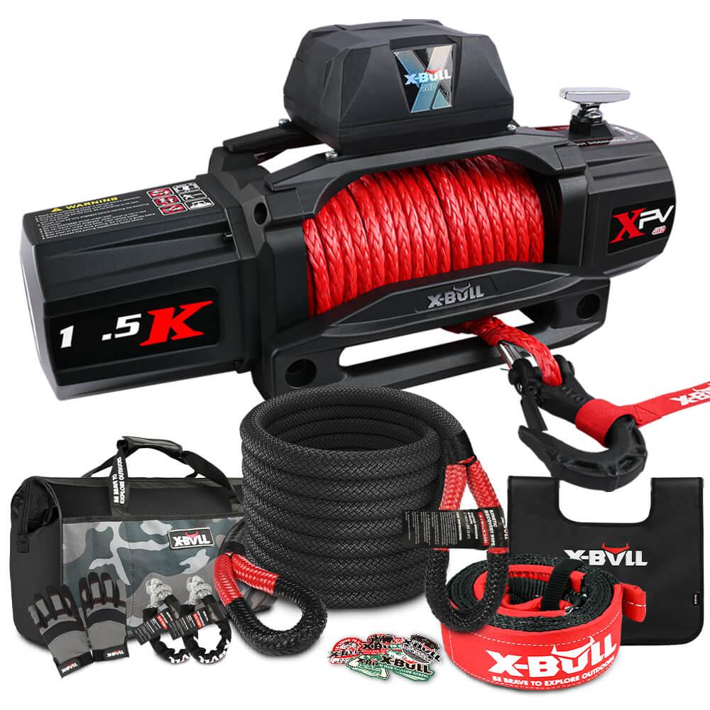 X-BULL 4WD Off-Road Recovery Kit with 14500LBS Electric Winch and Kinetic Recovery Rope for 4X4 Vehicles