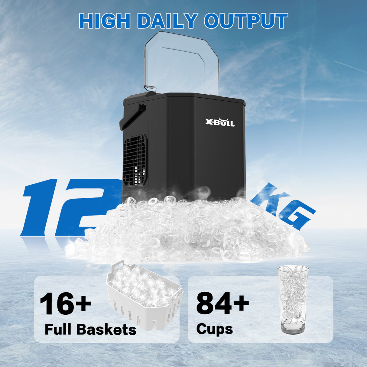 Commercial Portable Ice Maker Machine by X-BULL - 12kg Daily Production, 2 Sizes of Bullet Ice, Black Countertop Design