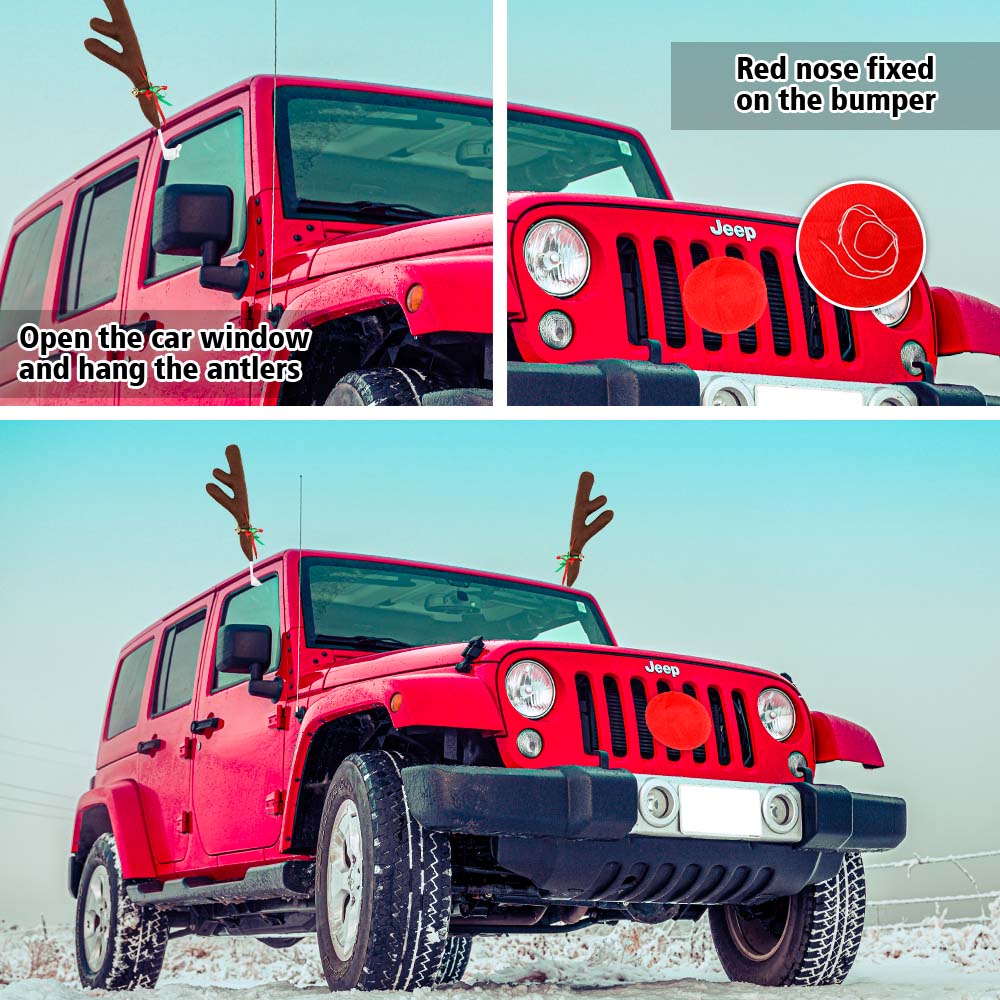 Festive Reindeer Car Antlers and Nose Decoration Set with Jingle Bells - 20 Sets