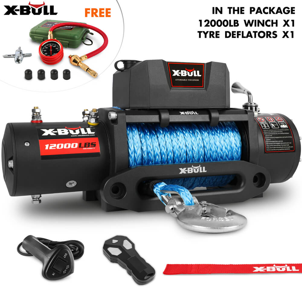 X-BULL 12V Heavy-Duty Electric Winch 12000LBS with Synthetic Rope and Tire Deflator for 4WD Jeep Adventures