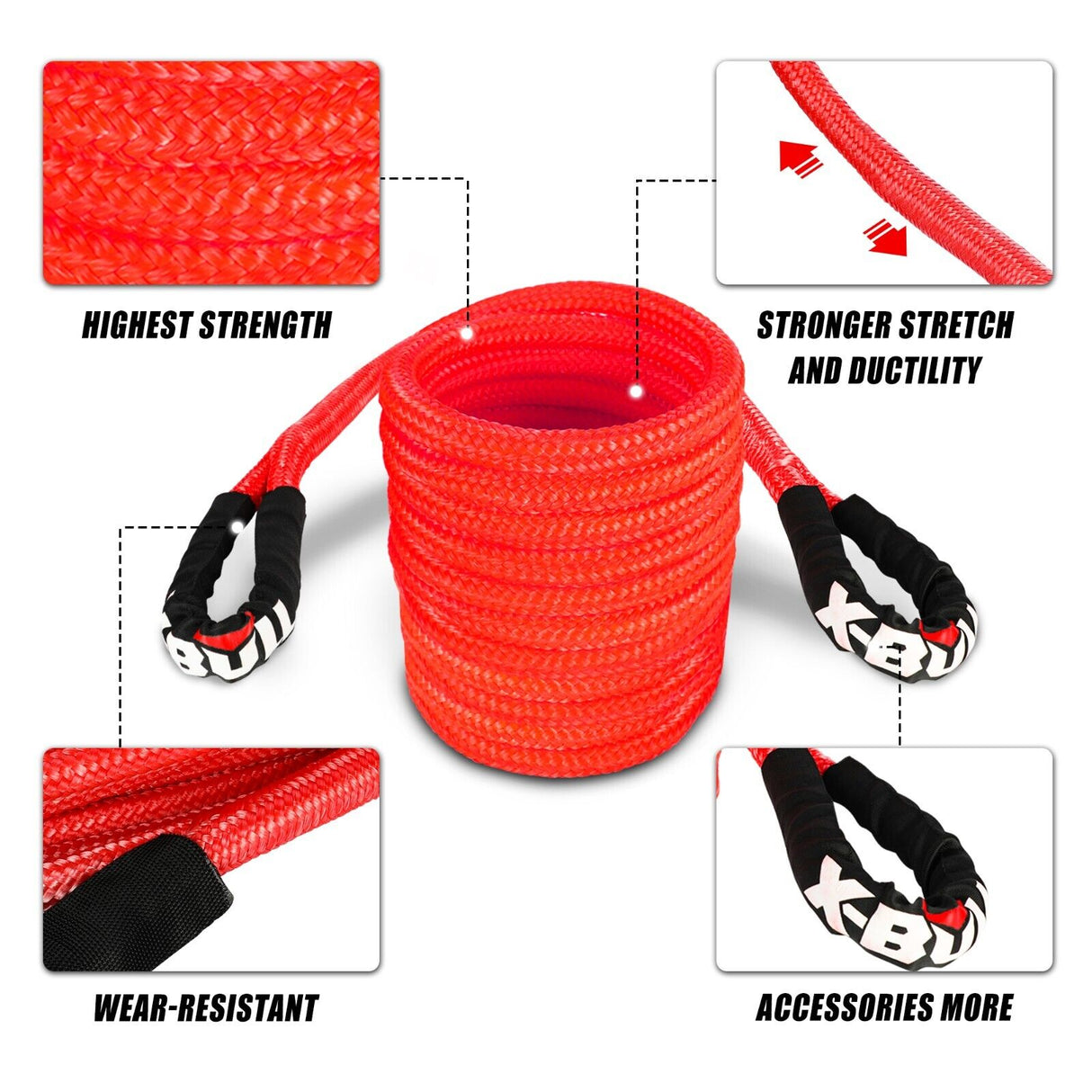 X-BULL 30ft Heavy-Duty Kinetic Recovery Rope with Carry Bag and Soft Shackles