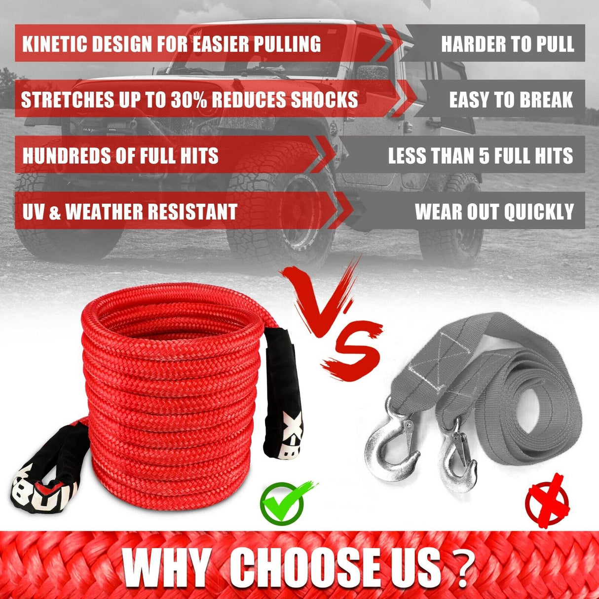 X-BULL 30ft Heavy-Duty Kinetic Recovery Rope with Carry Bag and Soft Shackles