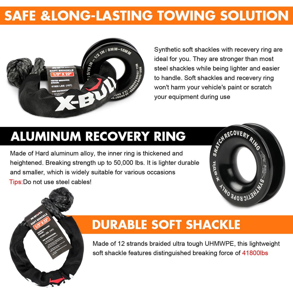 X-BULL 4WD Recovery Kit Snatch Strap Soft Shackles Folding Shovel Survival 4X4
