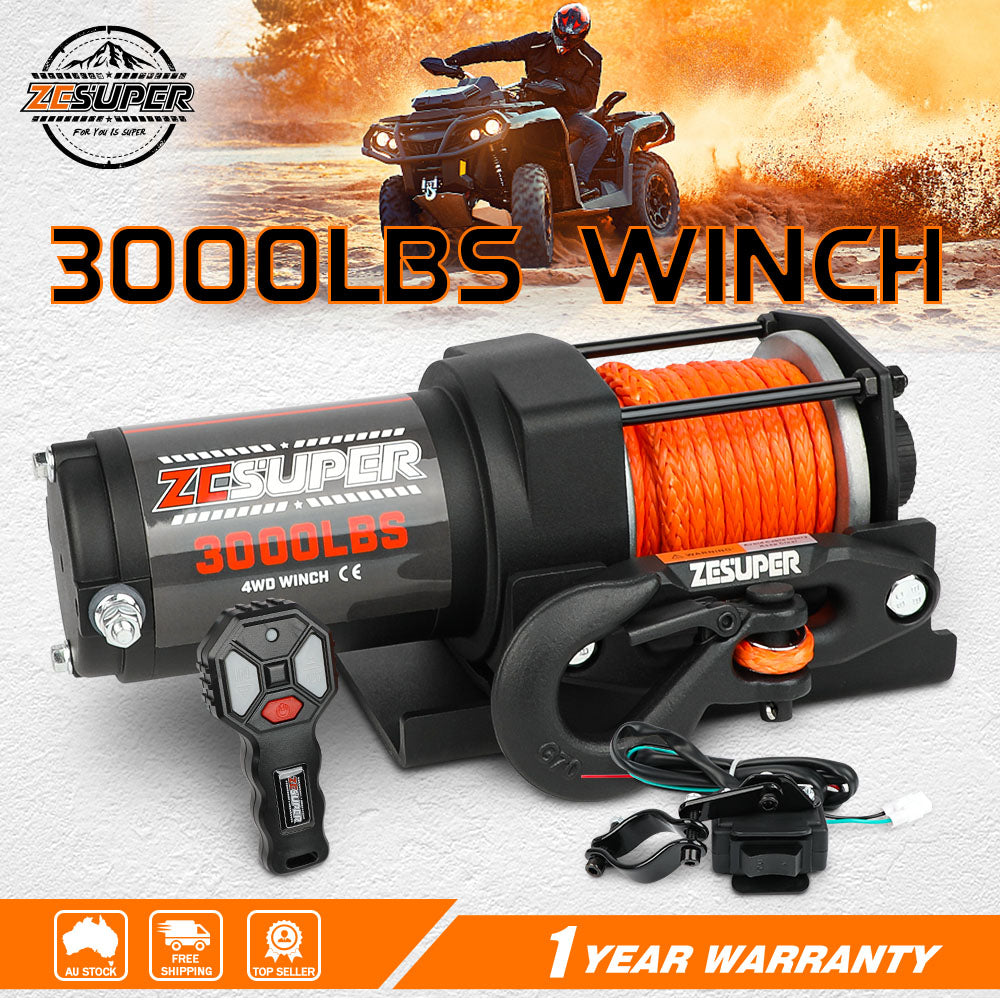 ZESUPER 12V Electric Winch 3000lbs Synthetic Rope Wireless Remote ATV UTV BOAT