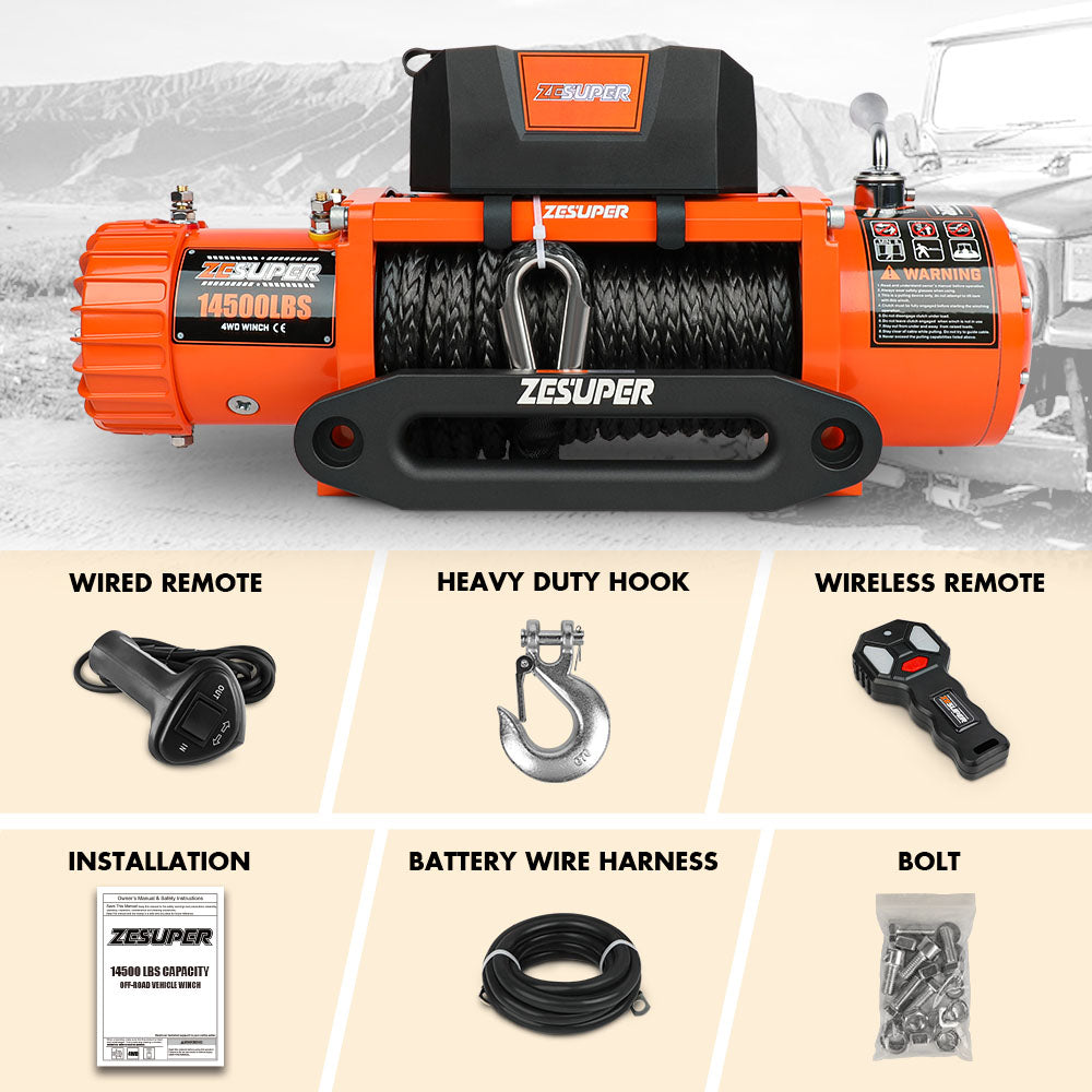ZESUPER 12V Electric Winch 14500lbs Synthetic Rope Wireless Remote 4X4 4WD Car
