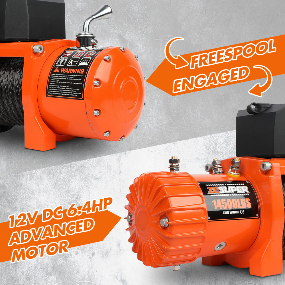 ZESUPER 12V Electric Winch 14500lbs Synthetic Rope Wireless Remote 4X4 4WD Car