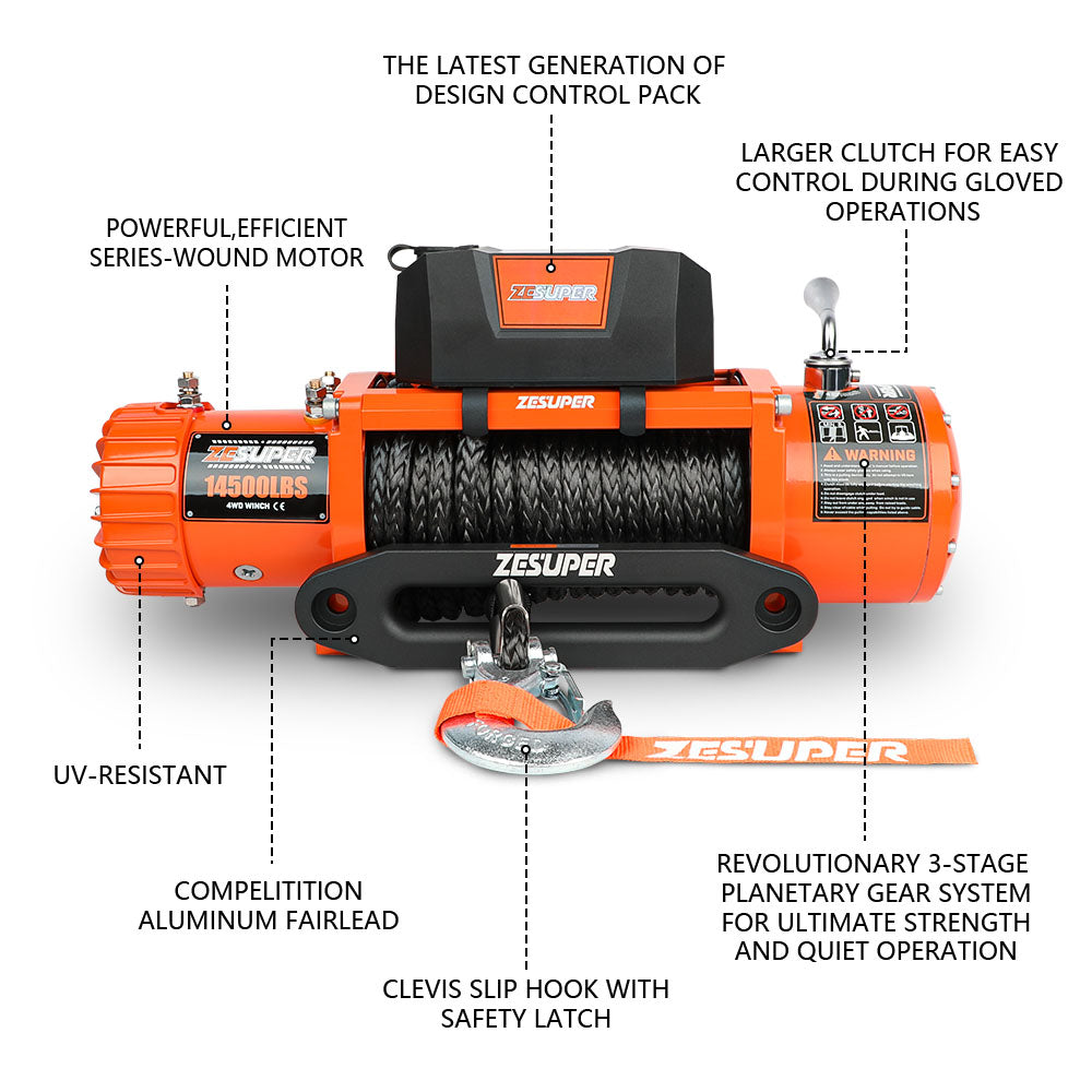 ZESUPER 12V Electric Winch 14500lbs Synthetic Rope Wireless Remote 4X4 4WD Car