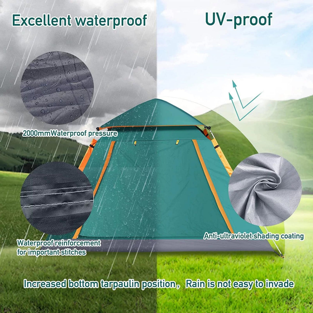 Instant Pop Up Tent For Hiking 2/3/4 Person Camping Tents, Waterproof Windproof Family Tent With Top Rainfly, Easy Set Up, Portable With Carry Bag, With UV Protection / GREEN-ORANGE