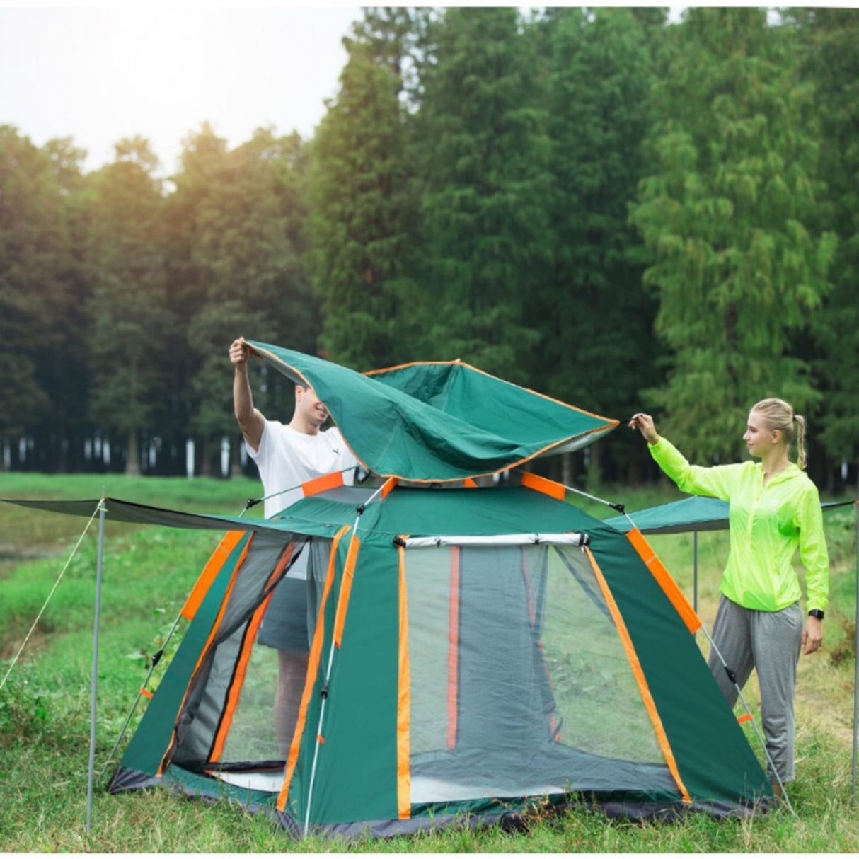 Instant Pop Up Tent For Hiking 2/3/4 Person Camping Tents, Waterproof Windproof Family Tent With Top Rainfly, Easy Set Up, Portable With Carry Bag, With UV Protection / GREEN-ORANGE