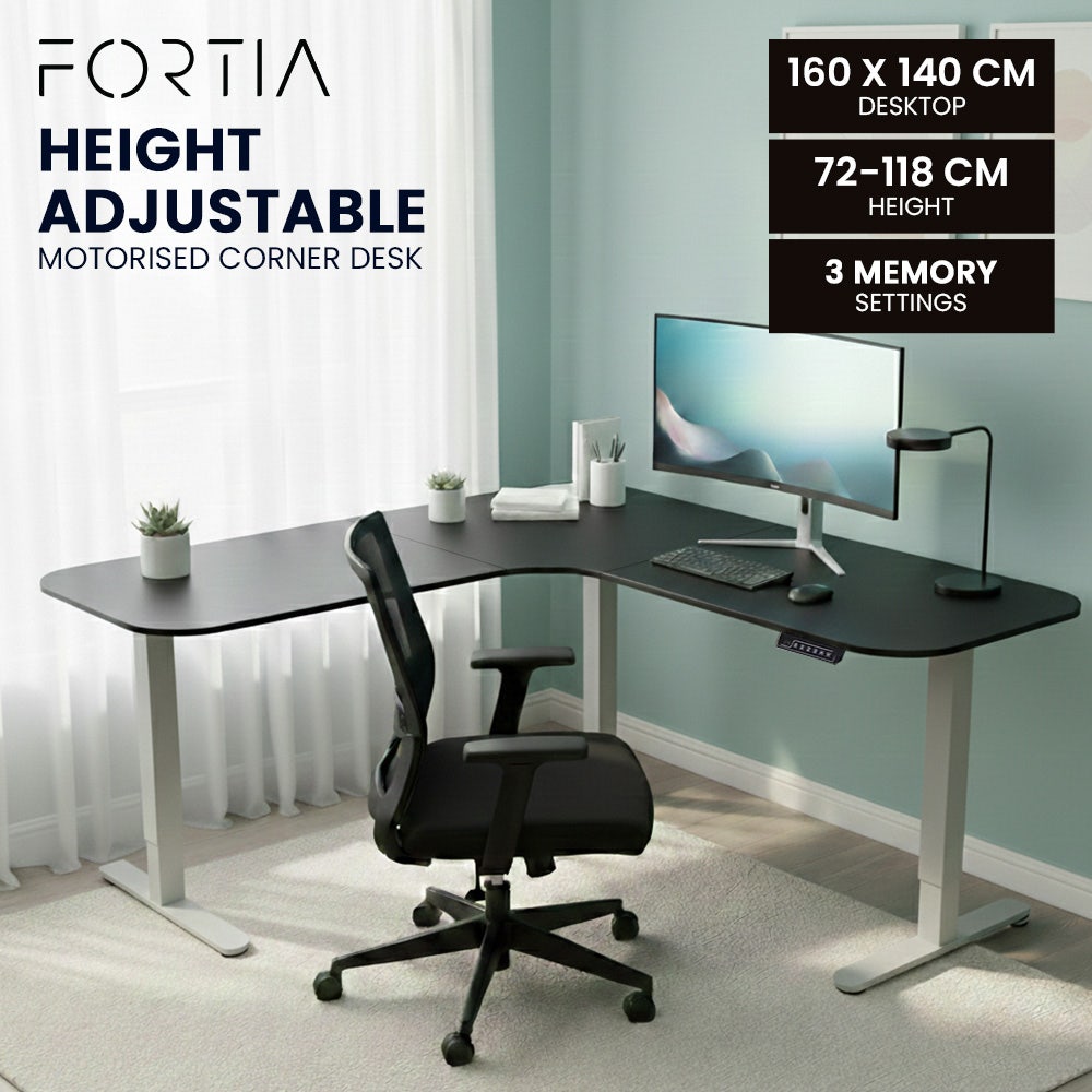 FORTIA Corner Standing Desk, 160x140cm, 72-118cm Sit to Stand Up Electric Height Adjustable, Black Desktop/Silver Frame