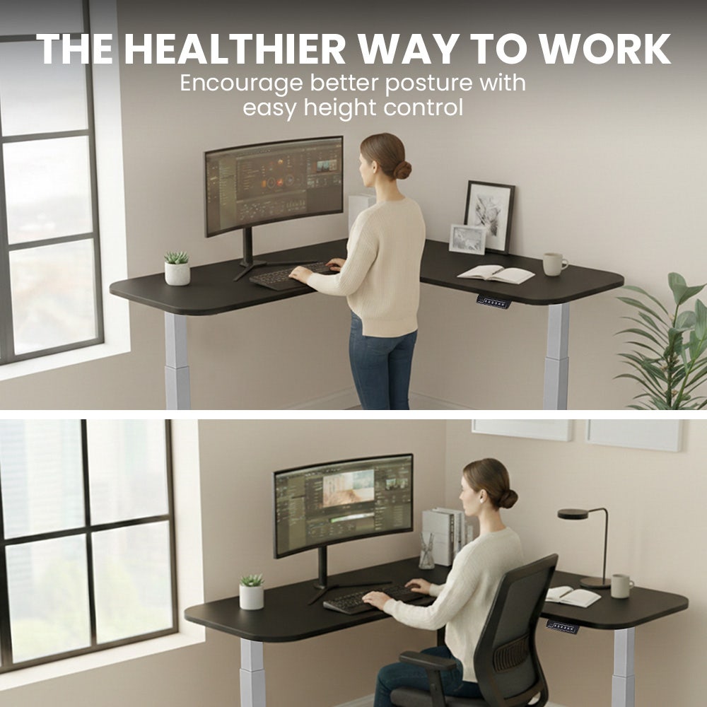 FORTIA Corner Standing Desk, 160x140cm, 72-118cm Sit to Stand Up Electric Height Adjustable, Black Desktop/Silver Frame