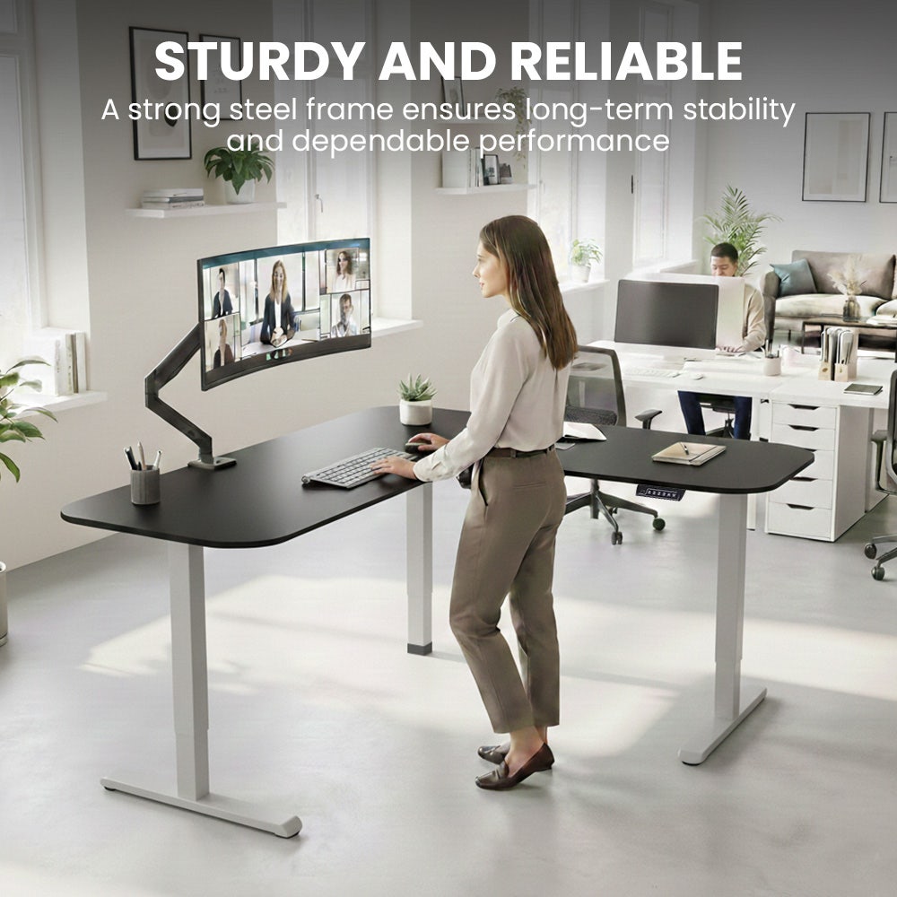 FORTIA Corner Standing Desk, 160x140cm, 72-118cm Sit to Stand Up Electric Height Adjustable, Black Desktop/Silver Frame