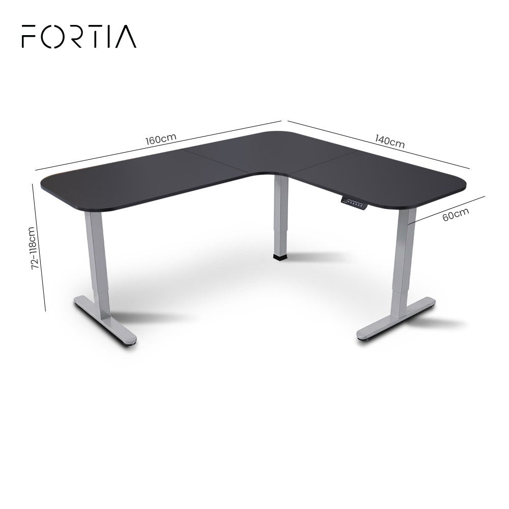 FORTIA Corner Standing Desk, 160x140cm, 72-118cm Sit to Stand Up Electric Height Adjustable, Black Desktop/Silver Frame