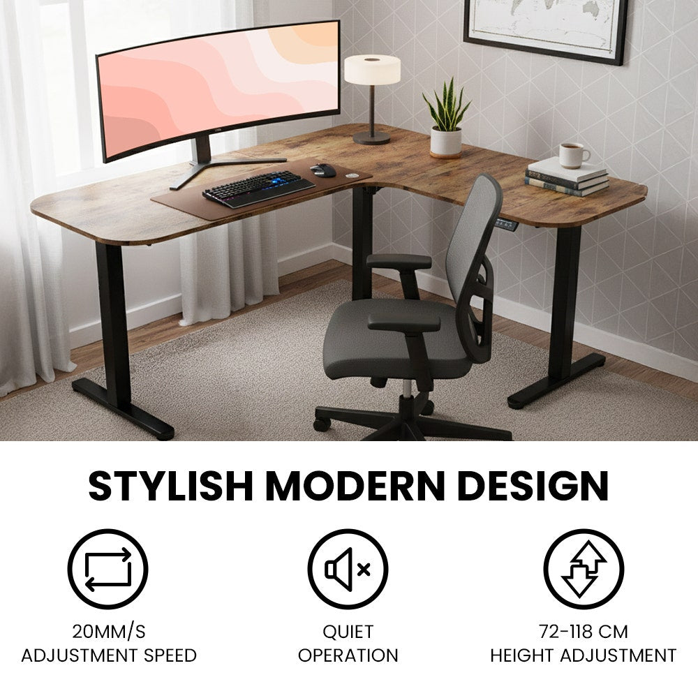 FORTIA Corner Standing Desk, 160x140cm, 72-118cm Sit to Stand Up Electric Height Adjustable, Walnut Style Desktop/Black Frame